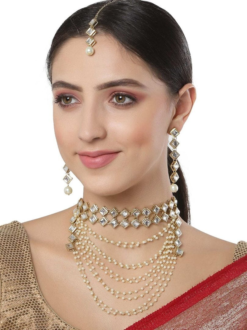Gold Plated Pearl Chain Kundan Necklace With Earrings & Mangtikka