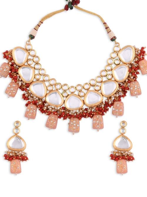 Gold Plated Kundan Studded & Pearls Beaded Necklace With Earrings & Mangtikka
