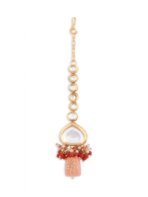 Gold Plated Kundan Studded & Pearls Beaded Necklace With Earrings & Mangtikka