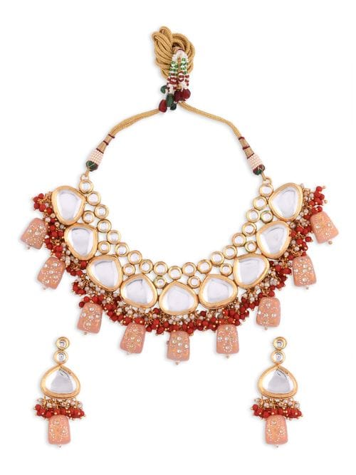 Gold Plated Kundan Studded & Pearls Beaded Necklace With Earrings & Mangtikka