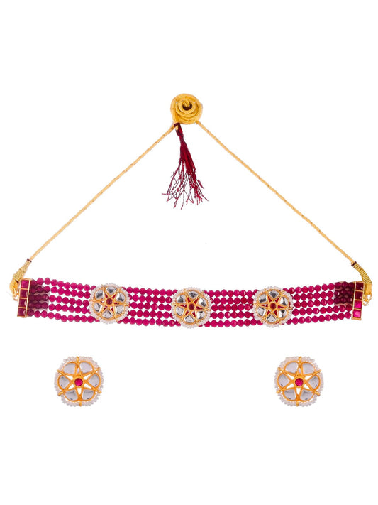 Gold Plated Stone Studded Beaded Choker Necklace