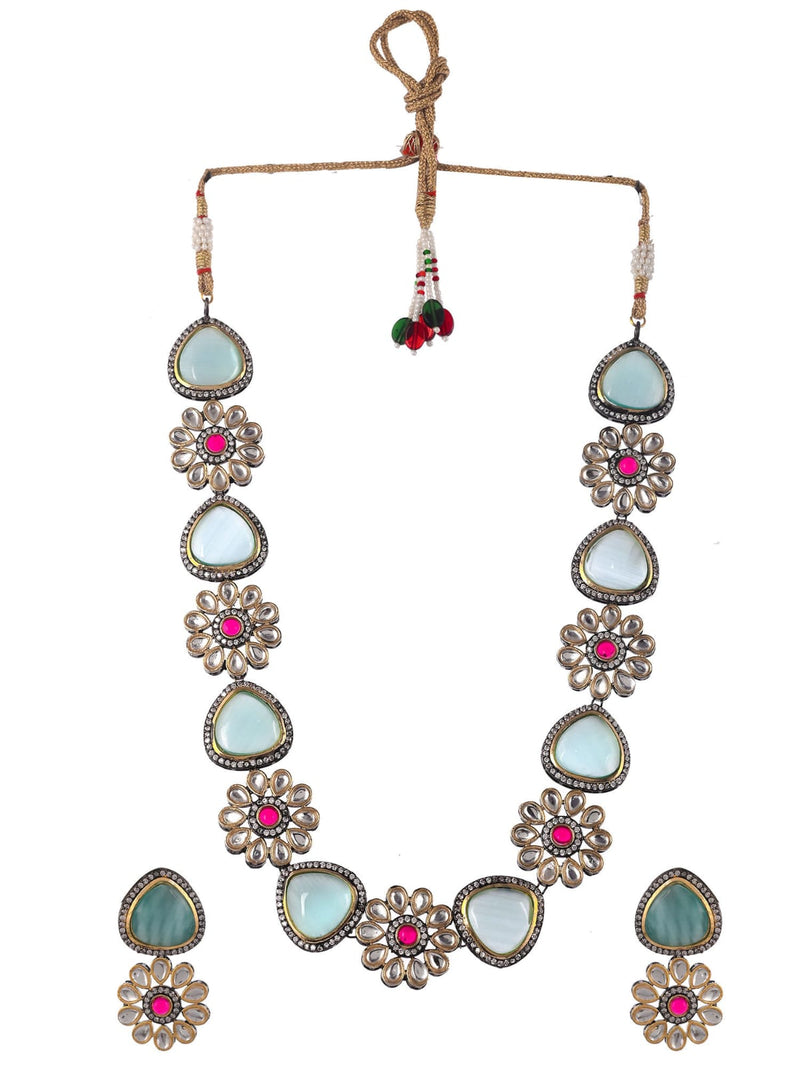 Gold Plated Green & White Kundan Studded Floral Necklace Set