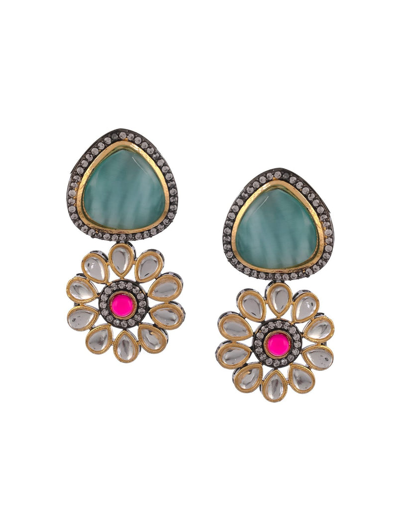 Gold Plated Green & White Kundan Studded Floral Necklace Set