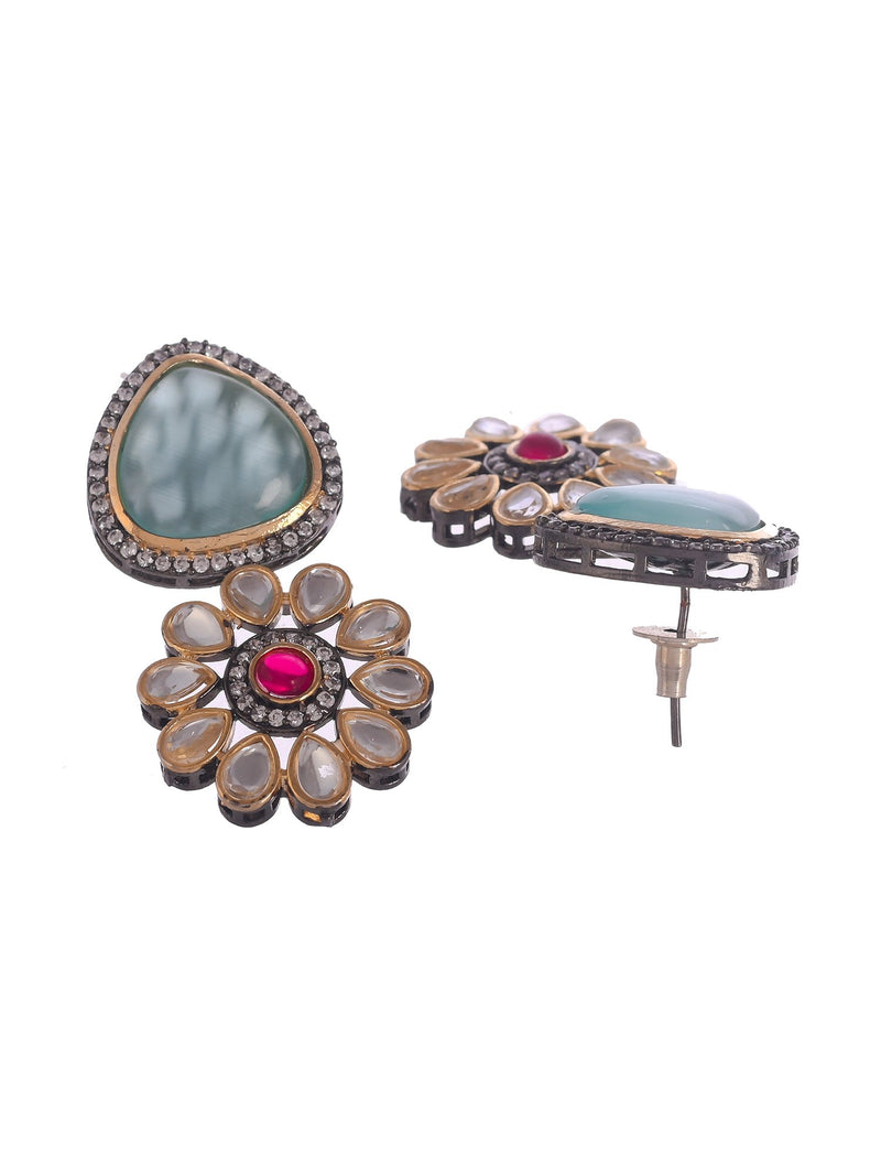 Gold Plated Green & White Kundan Studded Floral Necklace Set