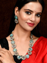 Gold Plated Green & White Kundan Studded Floral Necklace Set