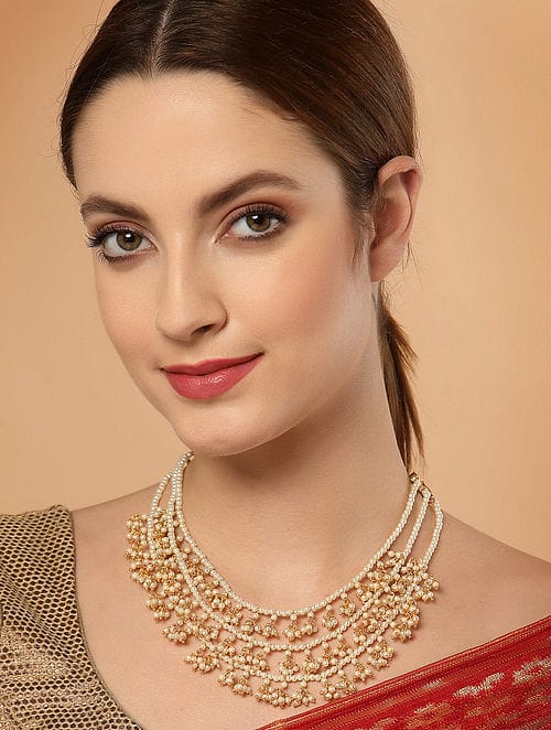 Gold Plated Handmade Pearl Beaded Layered Necklace