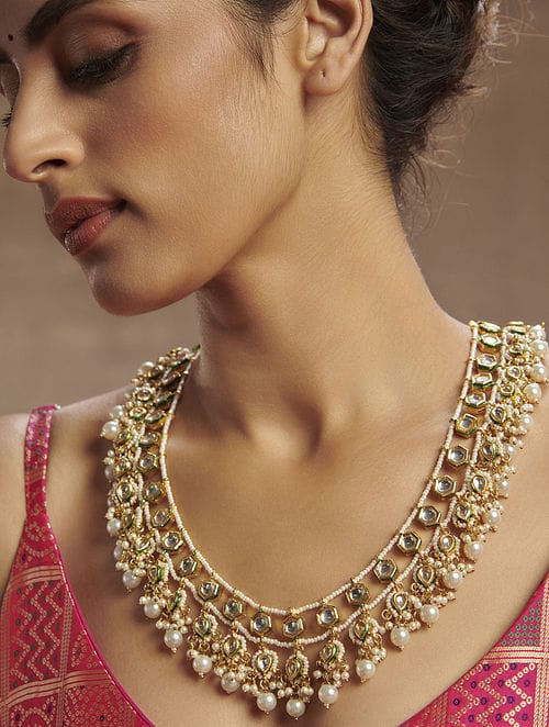 Gold Plated Stone Studded Beaded Choker Necklace
