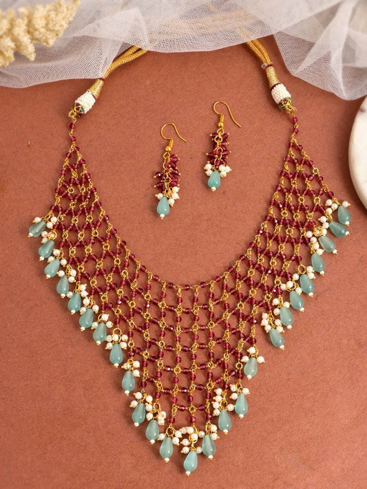 Gold-Plated Pink & Sea Green Kundan Studded & Beaded Jewellery Set