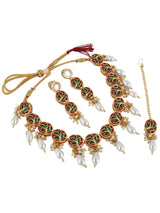 Gold Plated Kundan Studded & Pearls Beaded Necklace With Earrings & Mangtikka