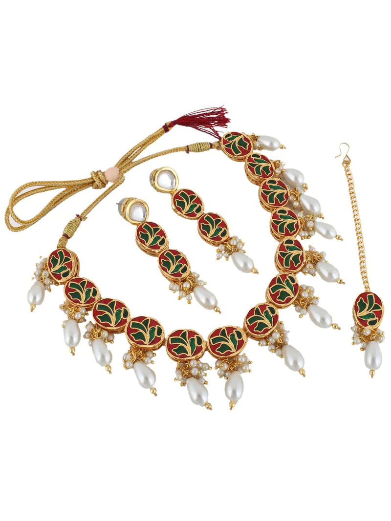 Gold Plated Kundan Studded & Pearls Beaded Necklace With Earrings & Mangtikka