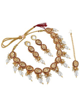 Gold Plated Kundan Studded & Pearls Beaded Necklace With Earrings & Mangtikka