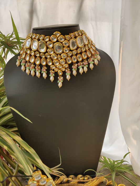 Gold Plated Polki Choker Necklace With Earrings & maangtikka