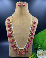 Wedding Wear Kundan Pearls Beads Painting Tumbled Mala Gold Plated Earring