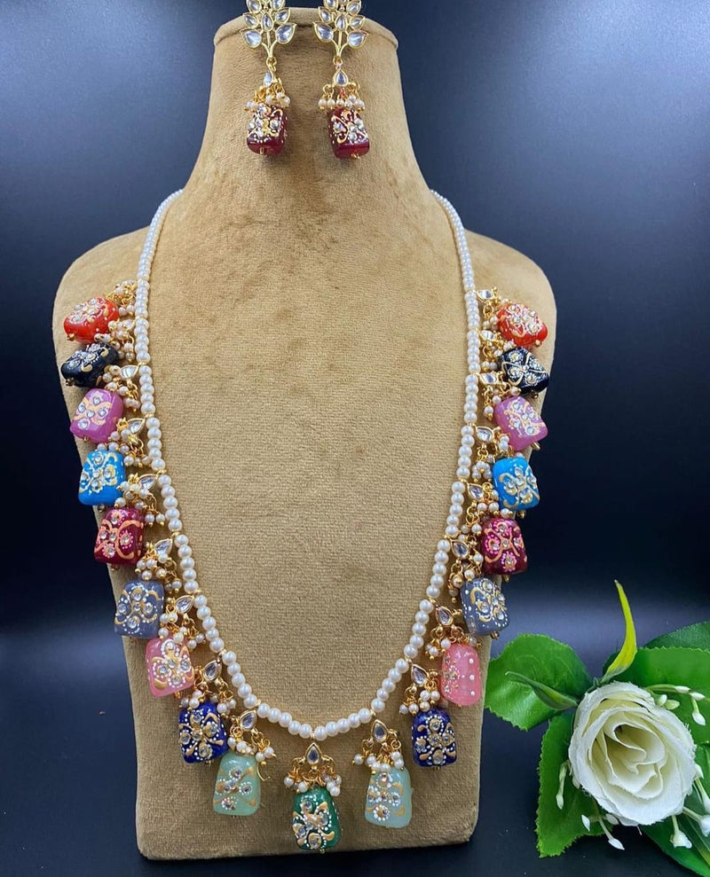 Wedding Wear Kundan Pearls Beads Painting Tumbled Mala Gold Plated Earring
