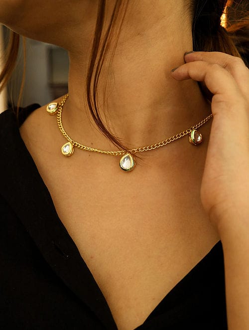 Gold Tone Kundan Chain Necklace