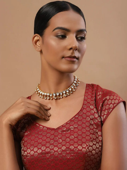 Gold-Plated Kundan-Studded Beaded Necklace & Earrings Set