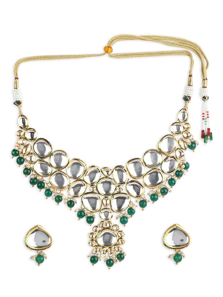 Gold-Plated Kundan-Studded Beaded Necklace & Earrings Set