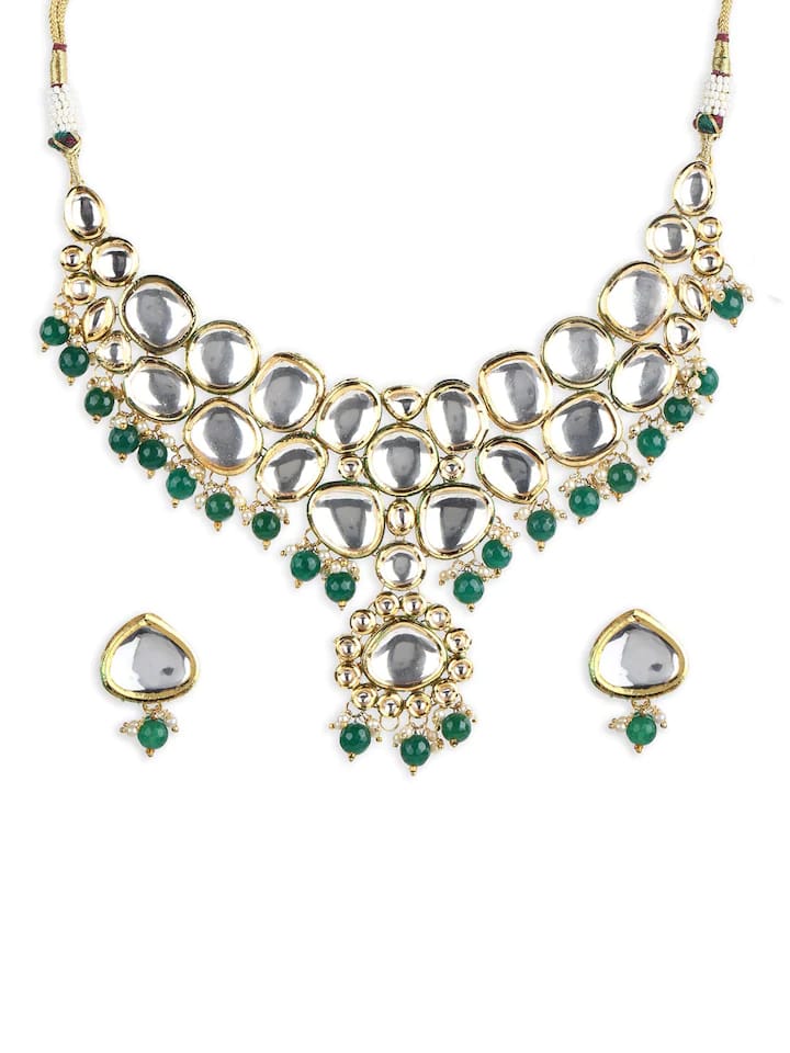 Gold-Plated Kundan-Studded Beaded Necklace & Earrings Set