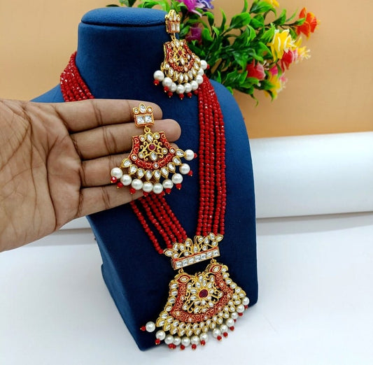 Gold-Plated & Red Stone beaded Jewellery Set