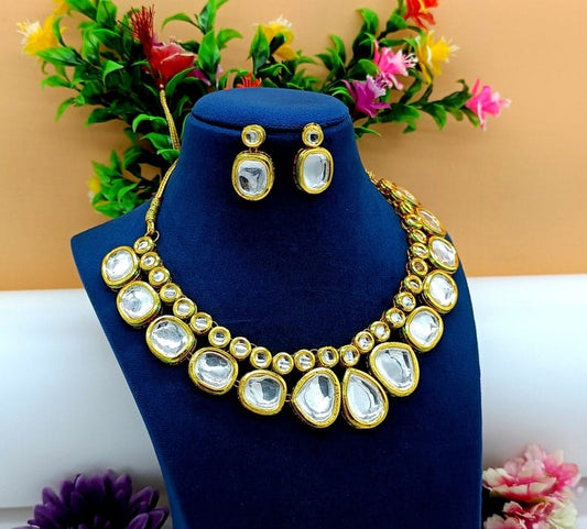 Gold-Plated Kundan-Studded Beaded Necklace & Earrings Set