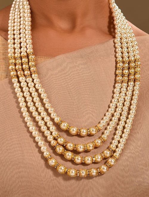 White & Golden Beads Long Necklace Set