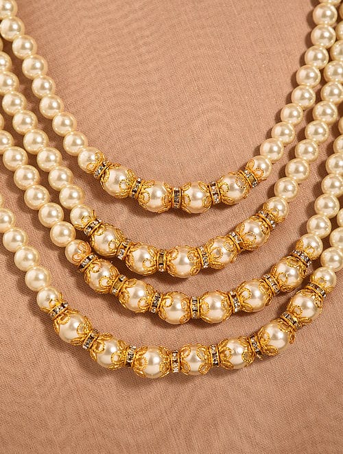 White & Golden Beads Long Necklace Set