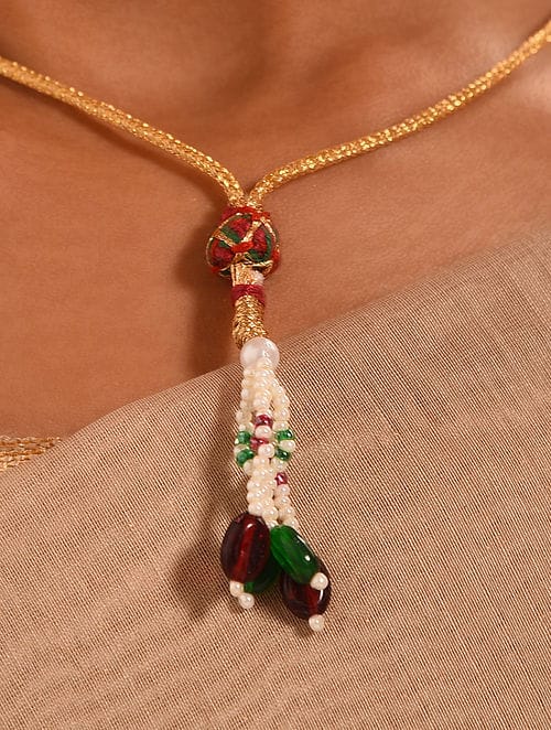 White & Golden Beads Long Necklace Set