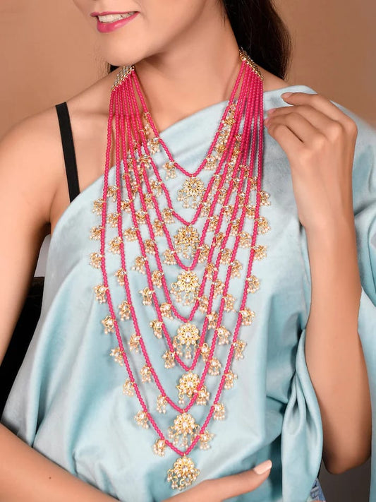 Gold Tone Pink Layered Kundan and Pearls Satlada Long Necklace With Earrings