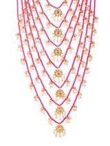 Gold Tone Pink Layered Kundan and Pearls Satlada Long Necklace With Earrings