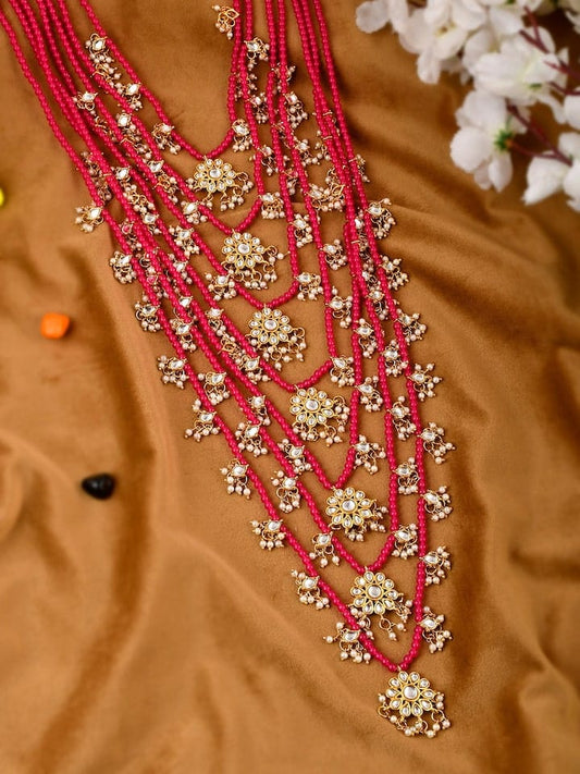 Gold Tone Pink Layered Kundan and Pearls Satlada Long Necklace With Earrings