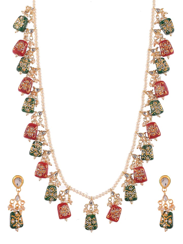 Gold- Plated Red and Green Tanjore Stones Kundan Beaded Jewellery