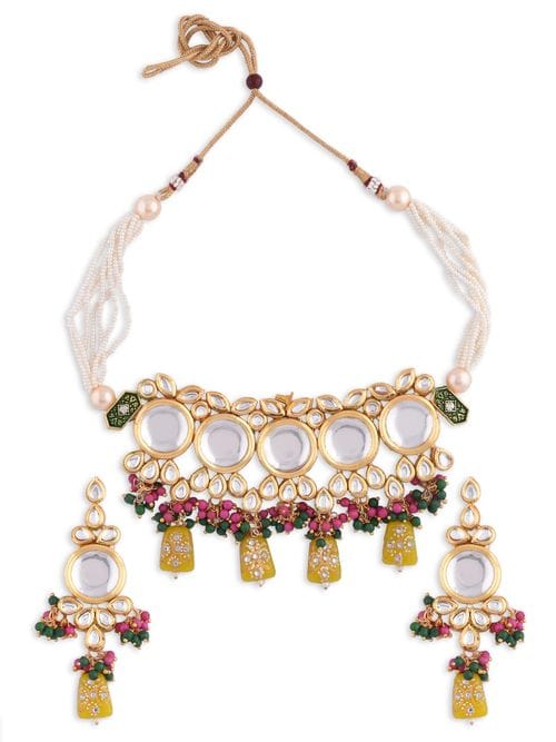 Gold Plated Kundan Studded & Pearls Beaded Necklace