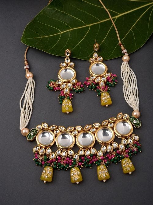 Gold Plated Kundan Studded & Pearls Beaded Necklace