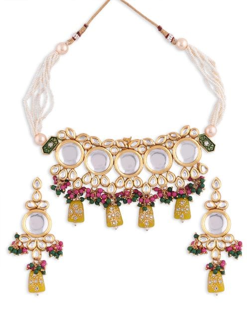 Gold Plated Kundan Studded & Pearls Beaded Necklace