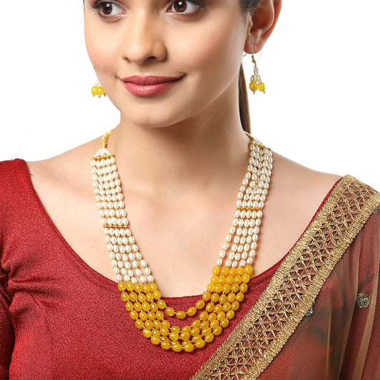 Gold-Plated Beaded 5 Layered Necklace With Drop Earring Jewellery Set