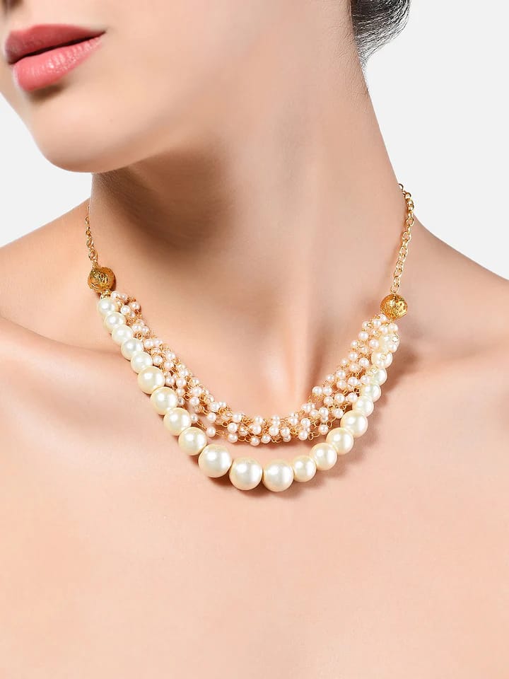 Gold-Plated Pearl-Beaded Necklace & Earrings Set