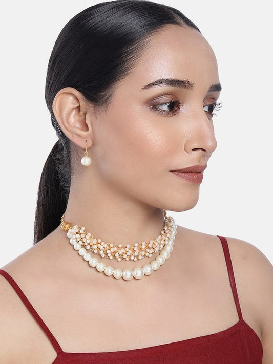 Gold-Plated Pearl-Beaded Necklace & Earrings Set