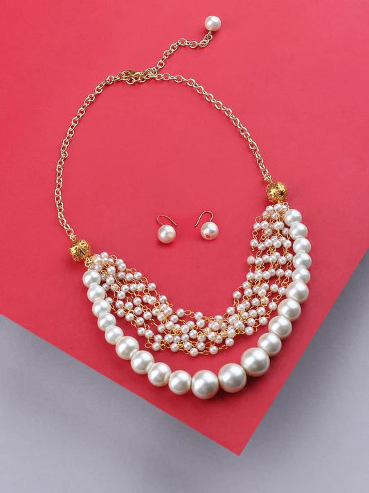 Gold-Plated Pearl-Beaded Necklace & Earrings Set