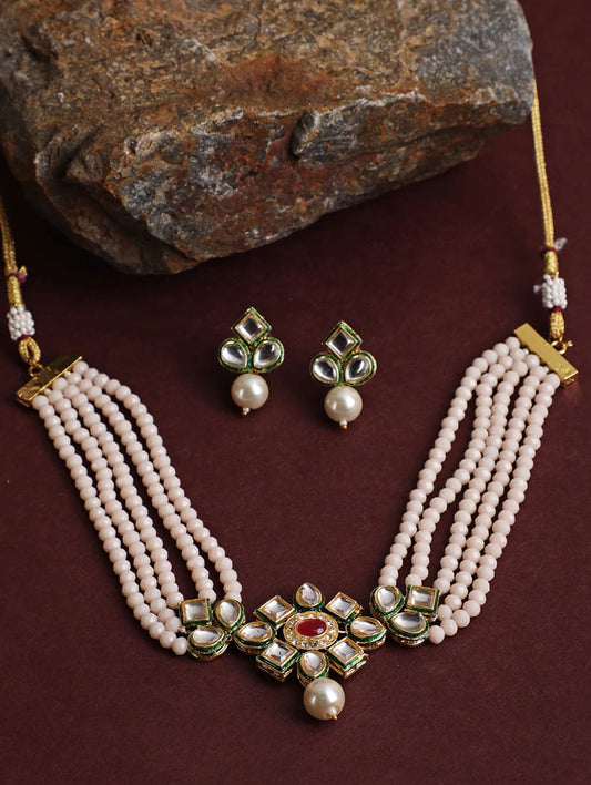 Gold-Plated Pearl-Beaded Necklace & Earrings Set