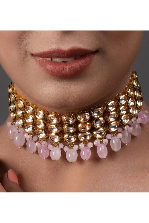 Gold-Plated Kundan-Beaded Necklace & Earrings Set