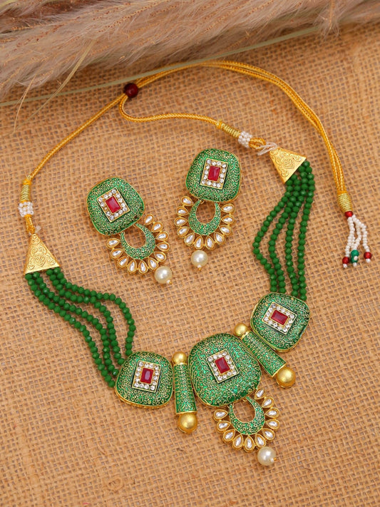 Gold Plated Green Meenakari Kundan Jewellery Set