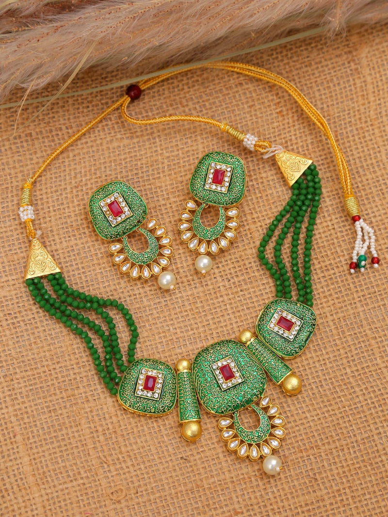 Gold Plated Green Meenakari Kundan Jewellery Set