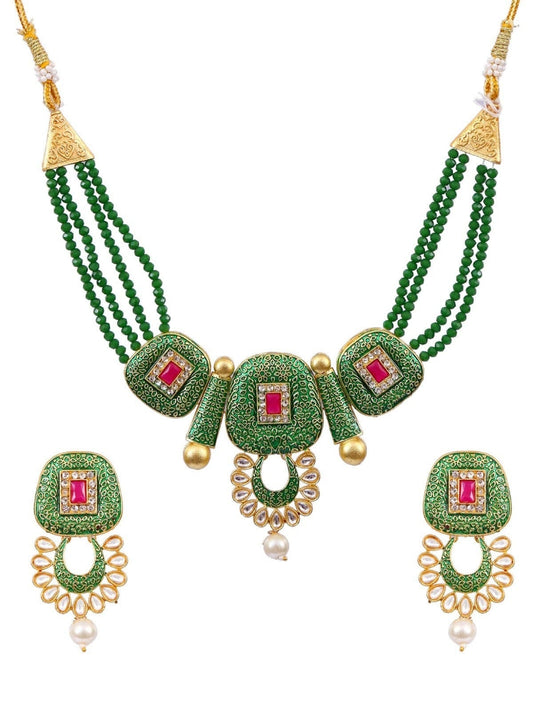 Gold Plated Green Meenakari Kundan Jewellery Set