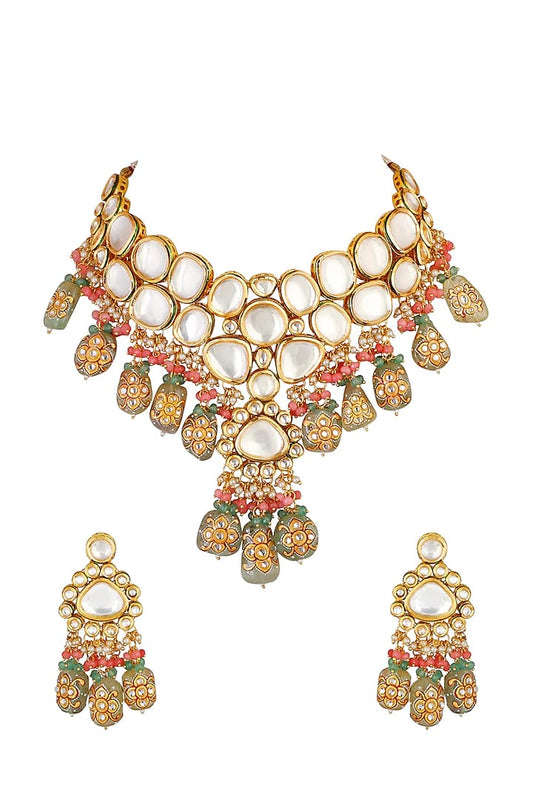 Gold Plated Kundan Pendant Drop Choker Set