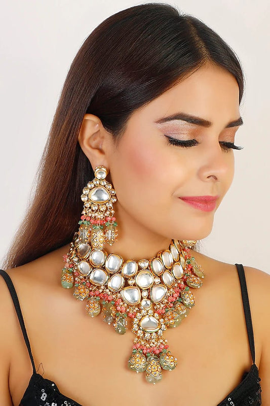 Gold Plated Kundan Pendant Drop Choker Set