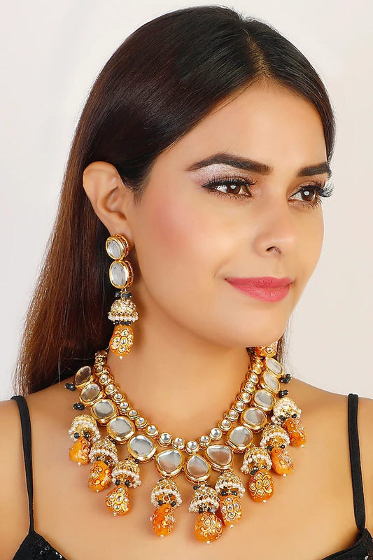 Gold Plated Kundan Pendant Drop Choker Set