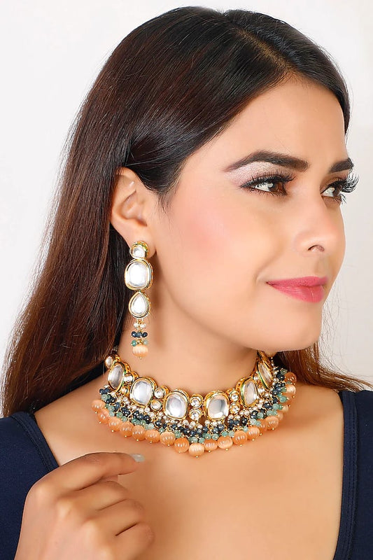 Gold Plated Kundan Pendant Drop Choker Set