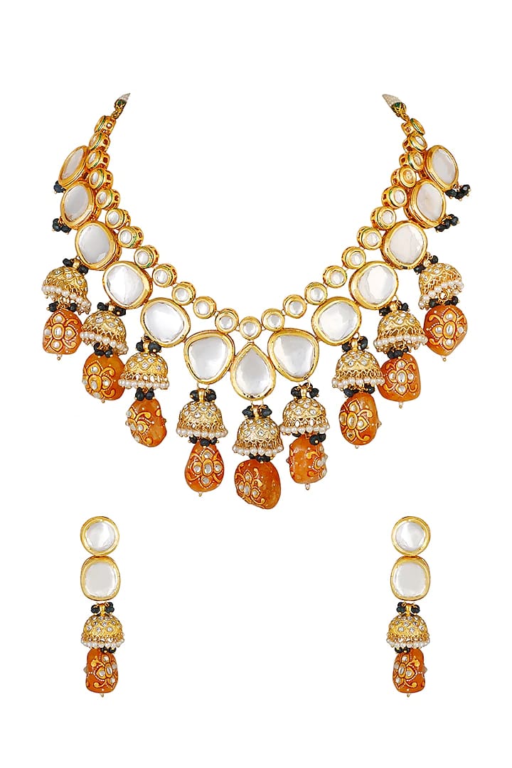 Gold Plated Kundan Pendant Drop Choker Set