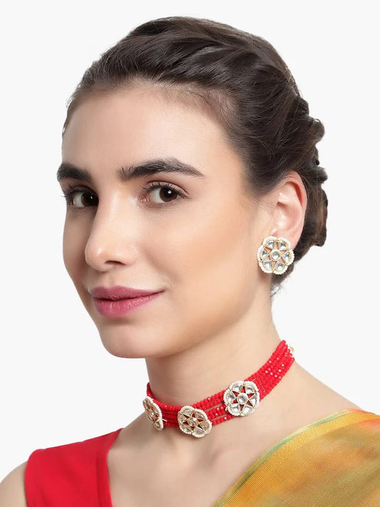 Gold-Plated & Red Kundan Studded Jewellery Set