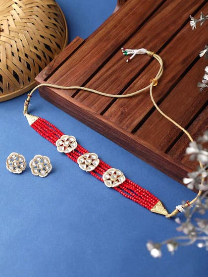 Gold-Plated & Red Kundan Studded Jewellery Set